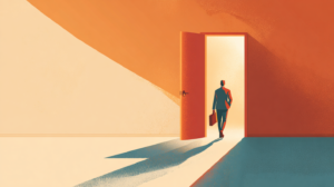 A professional starting a career change after 50, stepping through a doorway toward a new opportunity
