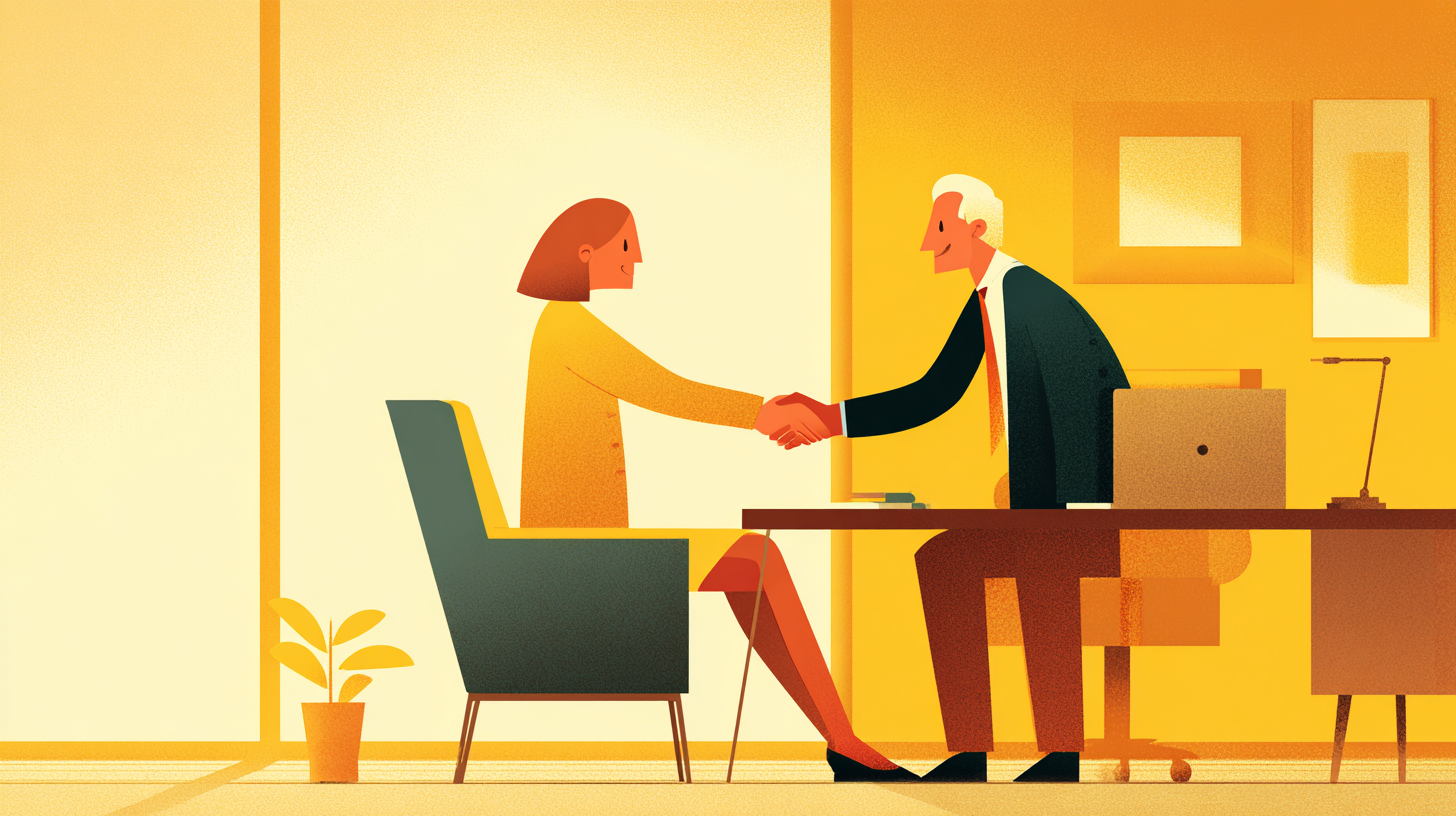 A confident job seeker over 50 shaking hands with an interviewer, beating age discrimination in hiring
