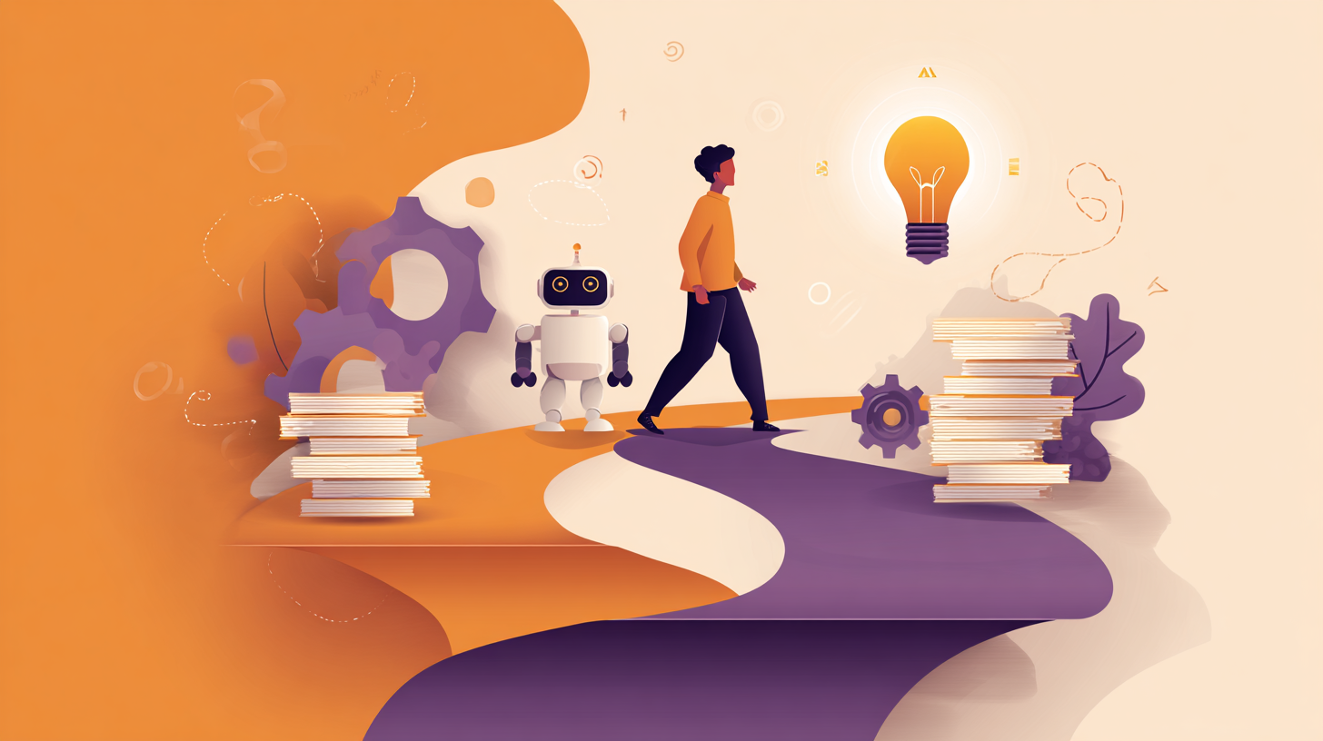 Illustration of a person walking toward a glowing idea while a robot sorts automated tasks, representing AI automating tasks but not purpose