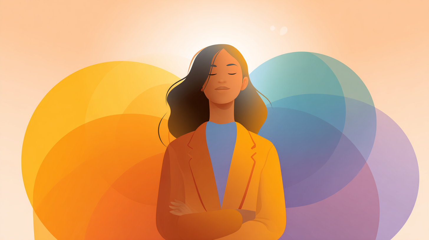 Illustration of a confident person surrounded by four overlapping glowing circles representing the ikigai framework