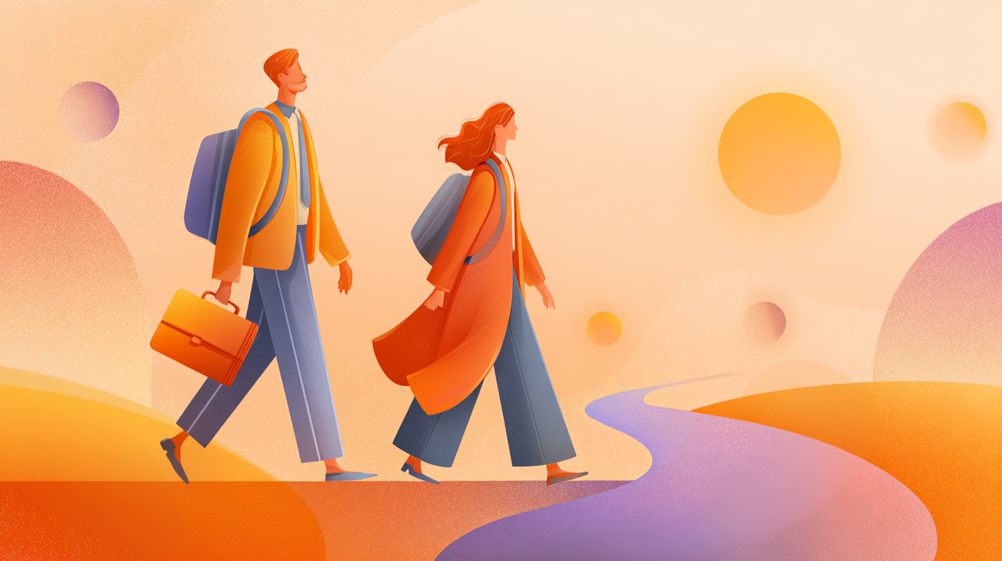 Illustration of two professionals of different ages walking together along the same winding path, representing two different ikigai job search journeys at different career stages