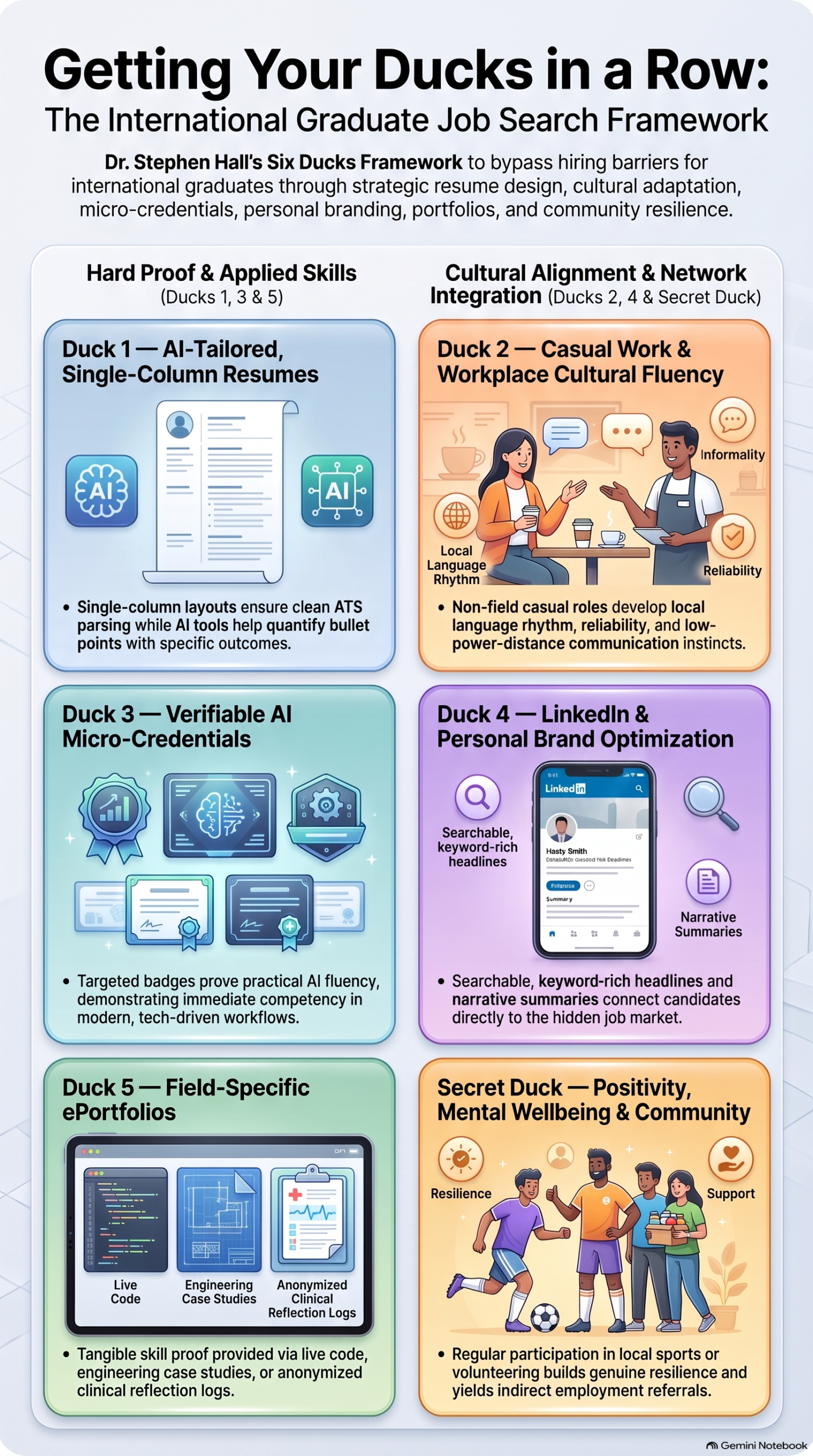 Getting Your Ducks in a Row infographic - the Five Ducks plus one Secret Duck international graduate job search framework by Dr Stephen Hall