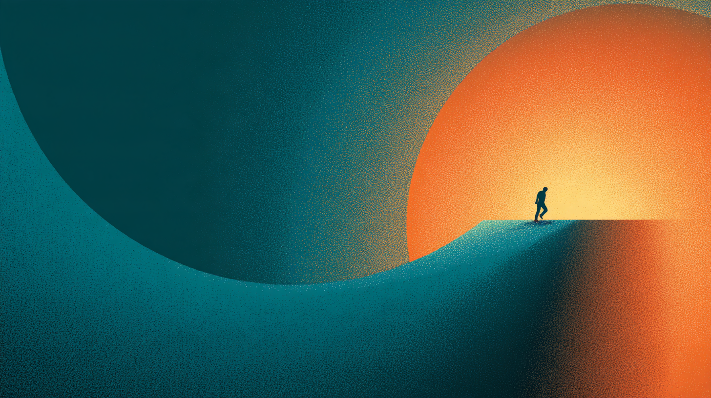 Illustration of a silhouette figure climbing a glowing inverted-U shaped arc of light, representing the Yerkes-Dodson law and an optimal zone of emotional stakes
