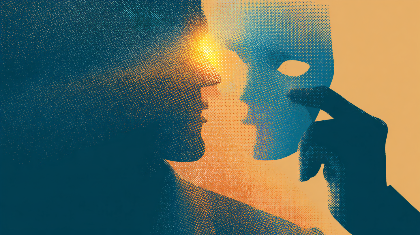 Illustration of a silhouette figure holding a glowing translucent mask in front of their face, representing an AI persona shaping voice rather than accuracy