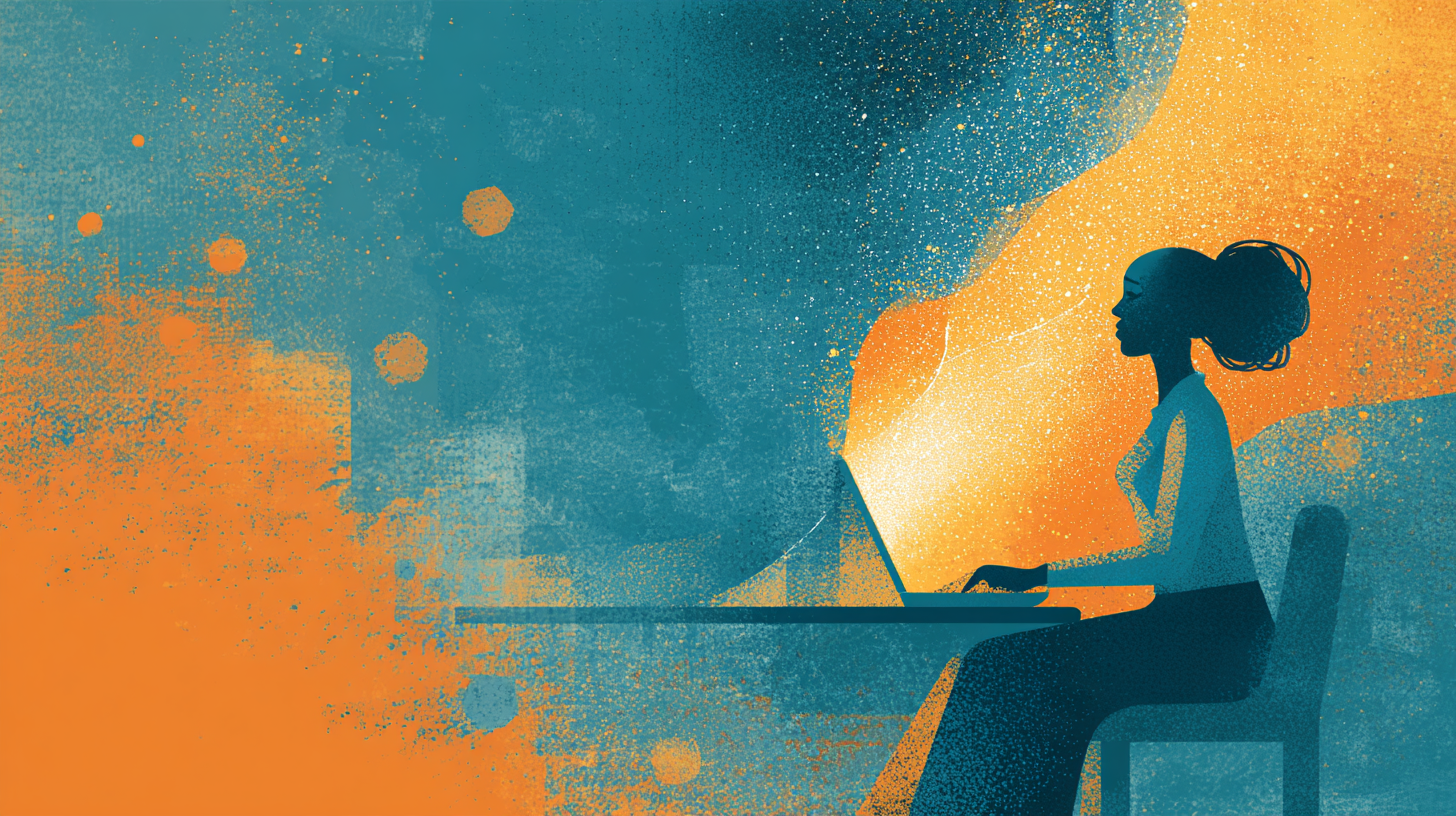 Illustration of a confident young woman silhouette seated at a desk with a glowing laptop, representing a jobseeker crafting her voice using the Five Ducks framework