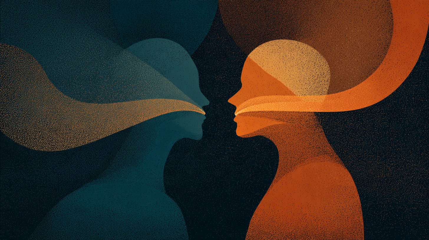 Illustration of two silhouette figures connected by a warm glowing thread of light, representing genuine authentic communication