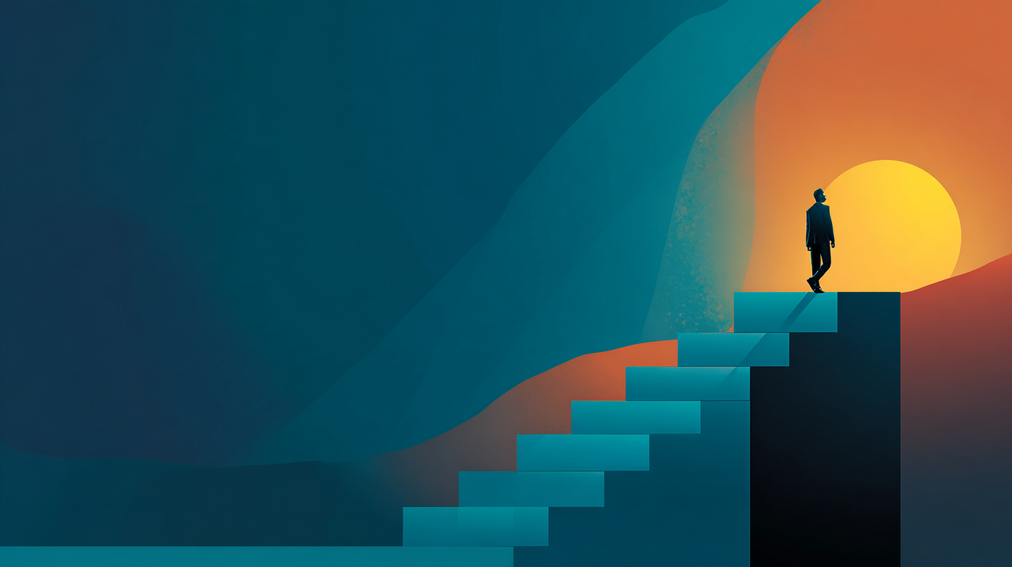 Illustration of a person climbing a glowing staircase toward the sun, representing climbing Bloom's Taxonomy with AI