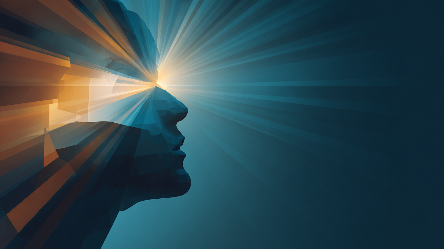 Illustration of a glowing human head and brain in silhouette radiating rays of light, representing a mind amplified and boosted by AI