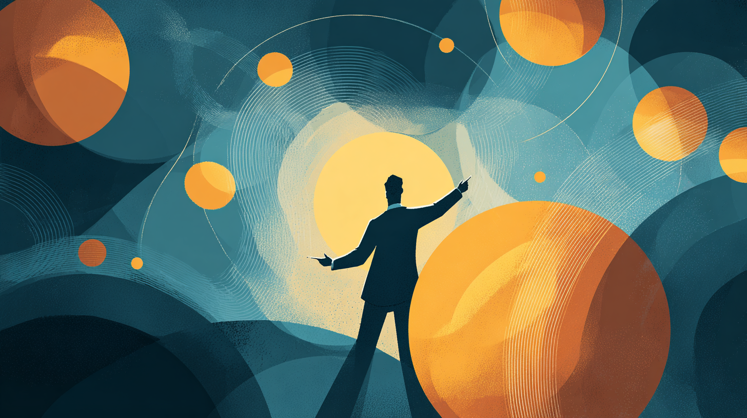 Illustration of a person directing glowing orbs of light like an orchestra conductor, representing AI as a workplace improver