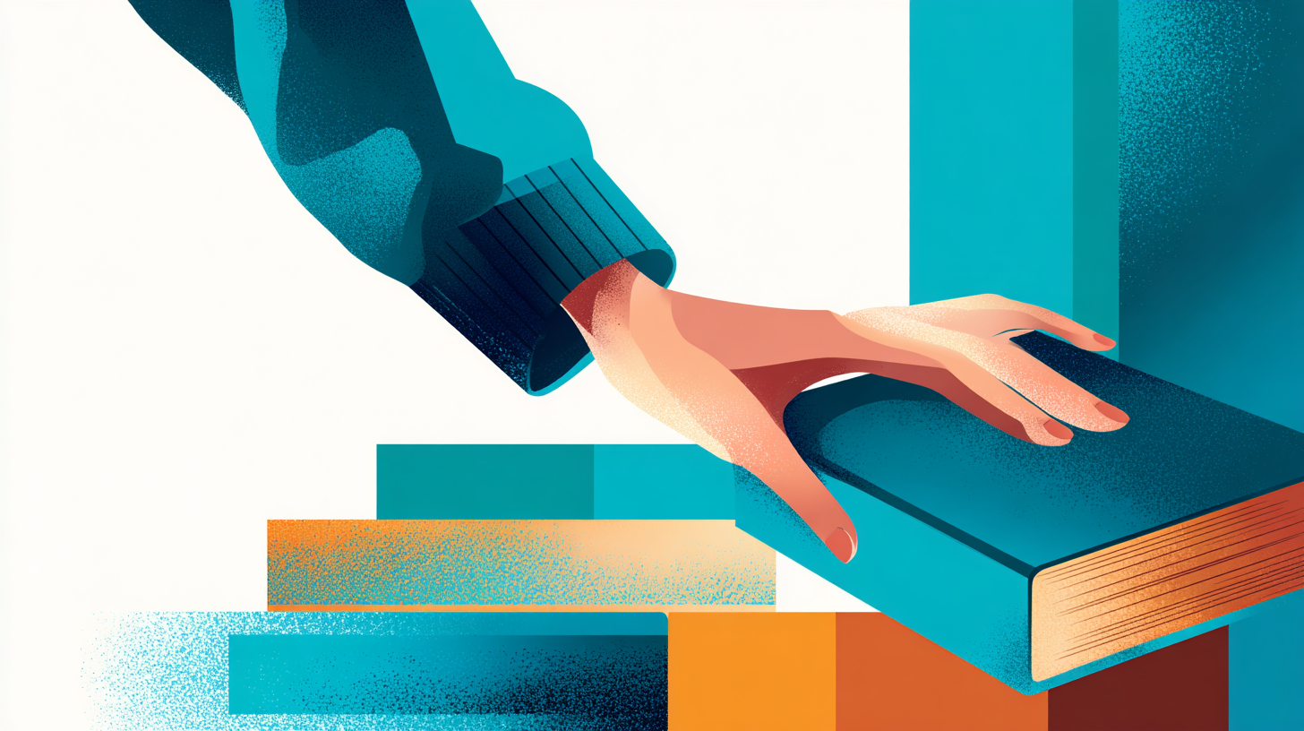 Illustration of a hand closing a book and placing it back on a shelf, representing the textbook problem of having an answer without understanding it