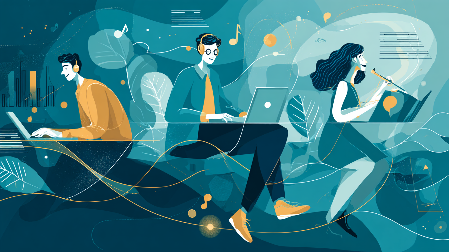 Illustration of three people working confidently in different fields, connected by a glowing thread of light, representing the same metacognitive pattern across different domains