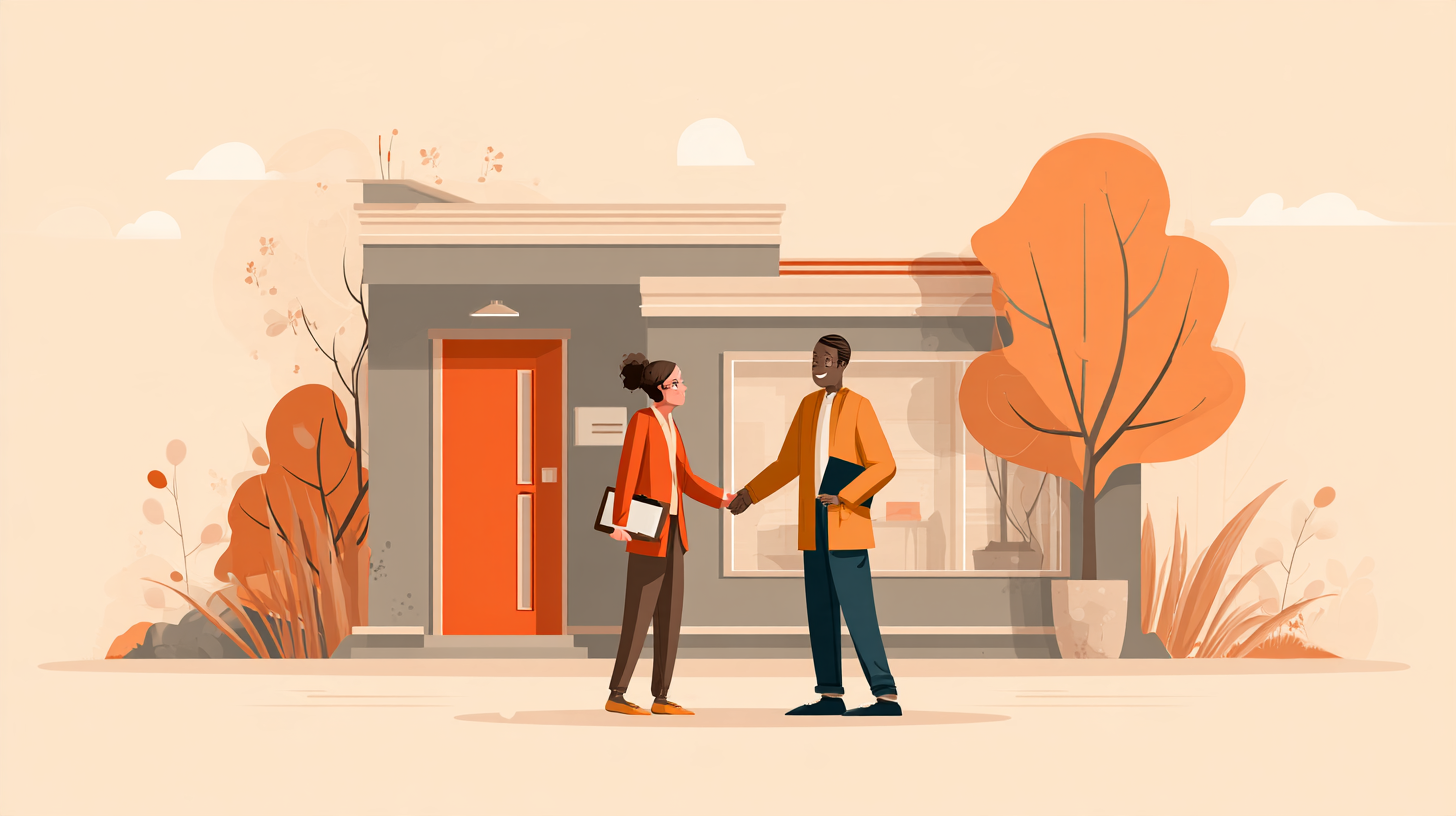 Two professionals shaking hands outside a small office, representing a direct approach to an employer in the hidden job market